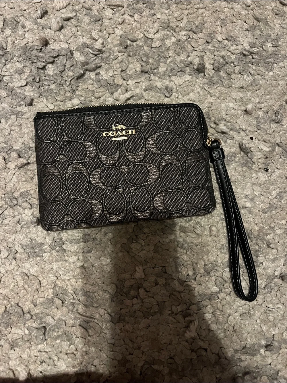 Coach Black Signature Zip Wristlet Card Holder with Gold Logo